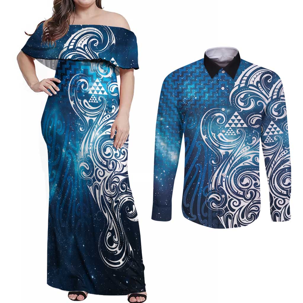Matariki Galaxy Couples Matching Off Shoulder Maxi Dress and Long Sleeve Button Shirt Maori Taniko Pattern