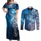Matariki Galaxy Couples Matching Off Shoulder Maxi Dress and Long Sleeve Button Shirt Maori Taniko Pattern