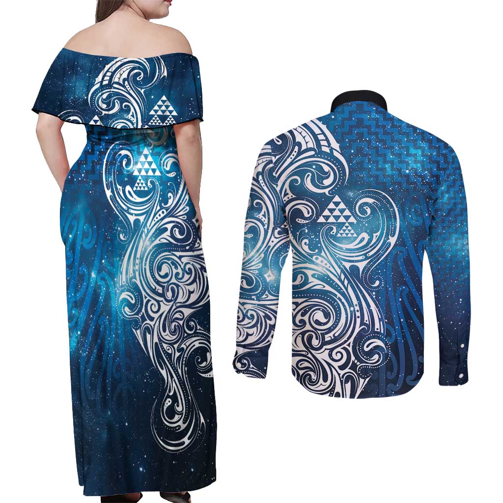 Matariki Galaxy Couples Matching Off Shoulder Maxi Dress and Long Sleeve Button Shirt Maori Taniko Pattern
