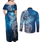 Matariki Galaxy Couples Matching Off Shoulder Maxi Dress and Long Sleeve Button Shirt Maori Taniko Pattern