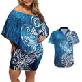 Matariki Galaxy Couples Matching Off Shoulder Short Dress and Hawaiian Shirt Maori Taniko Pattern