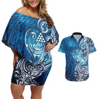 Matariki Galaxy Couples Matching Off Shoulder Short Dress and Hawaiian Shirt Maori Taniko Pattern