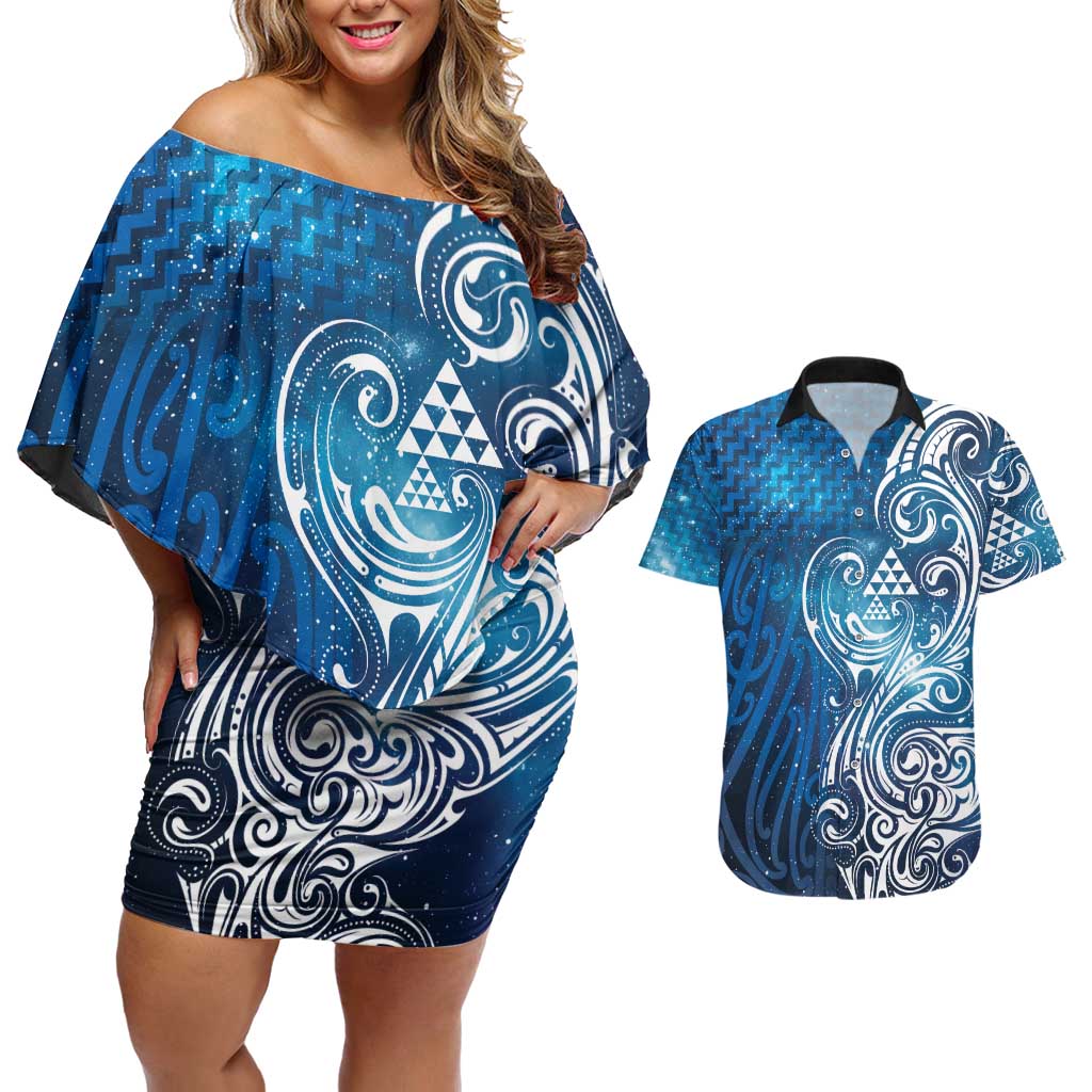 Matariki Galaxy Couples Matching Off Shoulder Short Dress and Hawaiian Shirt Maori Taniko Pattern