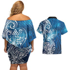 Matariki Galaxy Couples Matching Off Shoulder Short Dress and Hawaiian Shirt Maori Taniko Pattern