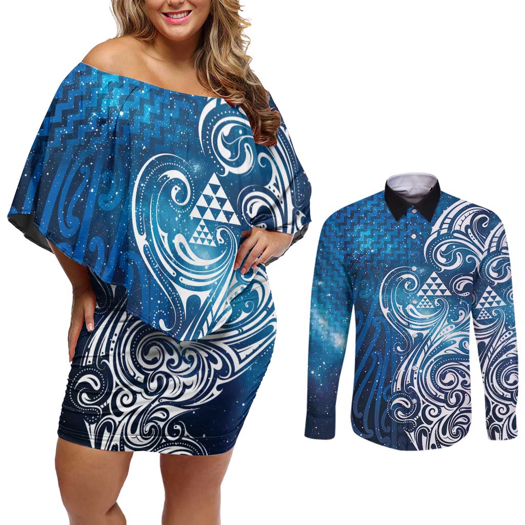 Matariki Galaxy Couples Matching Off Shoulder Short Dress and Long Sleeve Button Shirt Maori Taniko Pattern