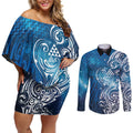 Matariki Galaxy Couples Matching Off Shoulder Short Dress and Long Sleeve Button Shirt Maori Taniko Pattern