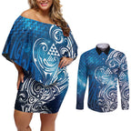 Matariki Galaxy Couples Matching Off Shoulder Short Dress and Long Sleeve Button Shirt Maori Taniko Pattern