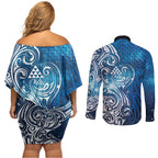 Matariki Galaxy Couples Matching Off Shoulder Short Dress and Long Sleeve Button Shirt Maori Taniko Pattern