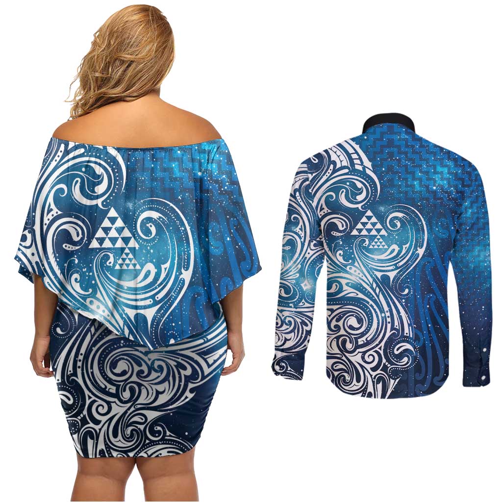 Matariki Galaxy Couples Matching Off Shoulder Short Dress and Long Sleeve Button Shirt Maori Taniko Pattern