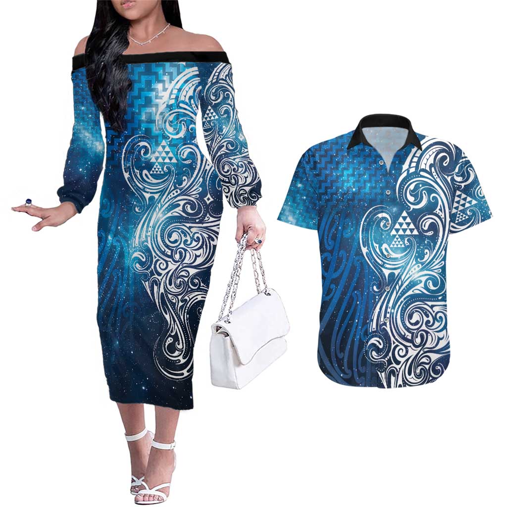 Matariki Galaxy Couples Matching Off The Shoulder Long Sleeve Dress and Hawaiian Shirt Maori Taniko Pattern