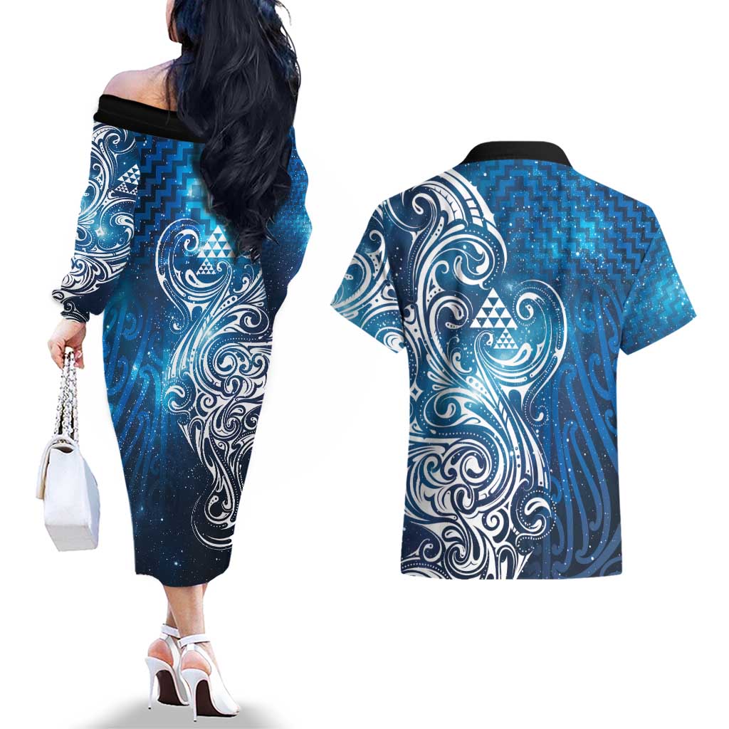 Matariki Galaxy Couples Matching Off The Shoulder Long Sleeve Dress and Hawaiian Shirt Maori Taniko Pattern