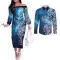 Matariki Galaxy Couples Matching Off The Shoulder Long Sleeve Dress and Long Sleeve Button Shirt Maori Taniko Pattern