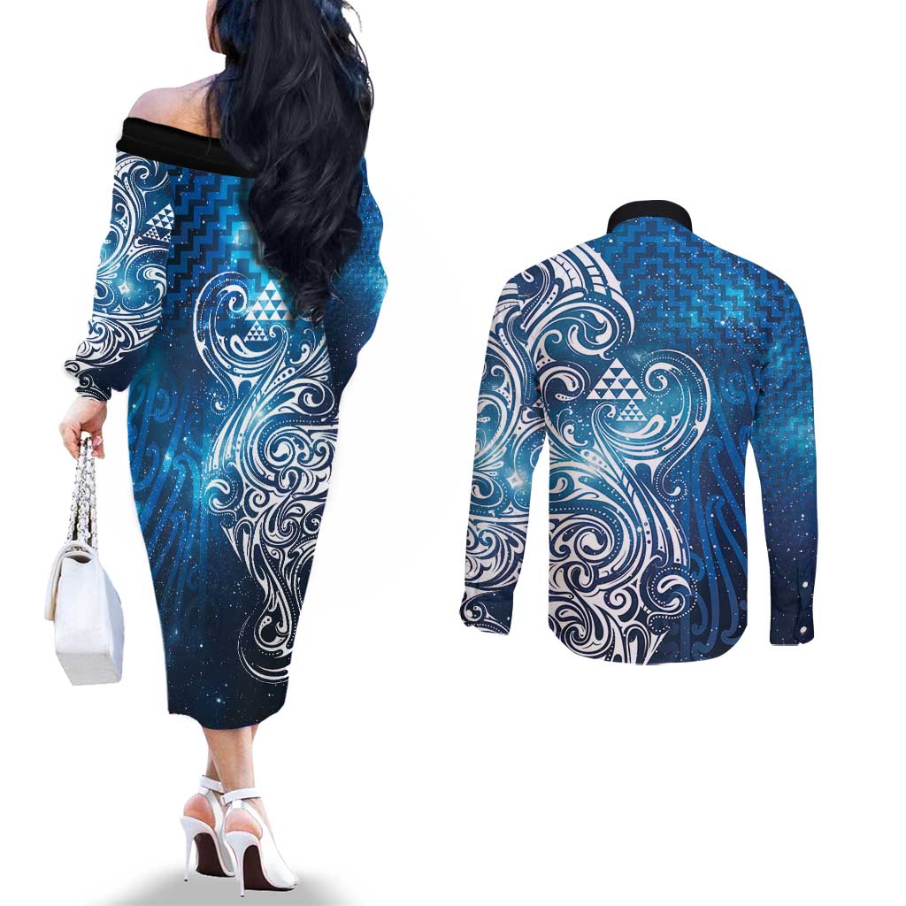 Matariki Galaxy Couples Matching Off The Shoulder Long Sleeve Dress and Long Sleeve Button Shirt Maori Taniko Pattern