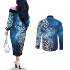Matariki Galaxy Couples Matching Off The Shoulder Long Sleeve Dress and Long Sleeve Button Shirt Maori Taniko Pattern
