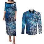 Matariki Galaxy Couples Matching Puletasi and Long Sleeve Button Shirt Maori Taniko Pattern
