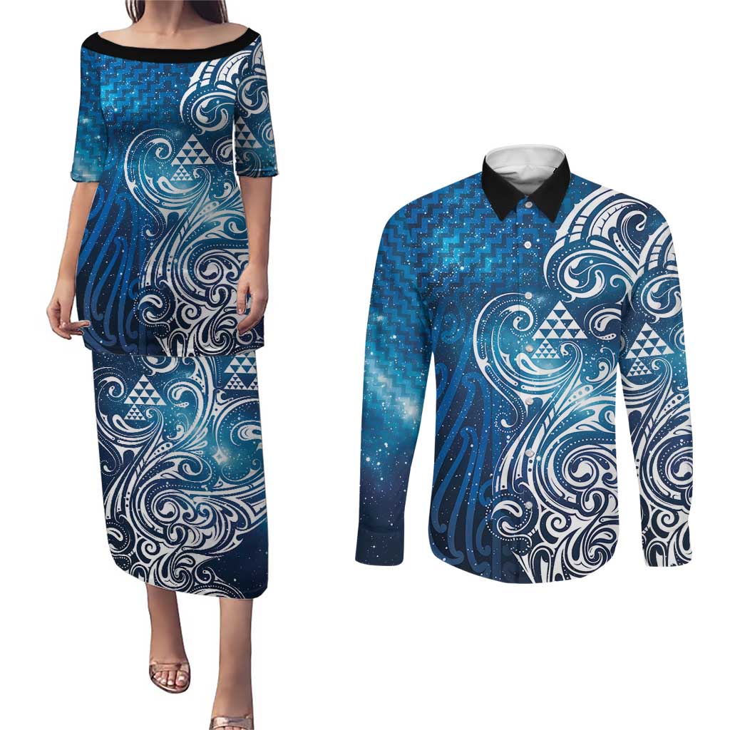 Matariki Galaxy Couples Matching Puletasi and Long Sleeve Button Shirt Maori Taniko Pattern
