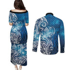 Matariki Galaxy Couples Matching Puletasi and Long Sleeve Button Shirt Maori Taniko Pattern