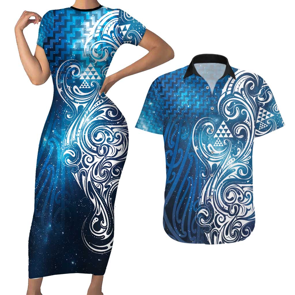 Matariki Galaxy Couples Matching Short Sleeve Bodycon Dress and Hawaiian Shirt Maori Taniko Pattern