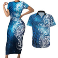 Matariki Galaxy Couples Matching Short Sleeve Bodycon Dress and Hawaiian Shirt Maori Taniko Pattern