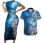 Matariki Galaxy Couples Matching Short Sleeve Bodycon Dress and Hawaiian Shirt Maori Taniko Pattern