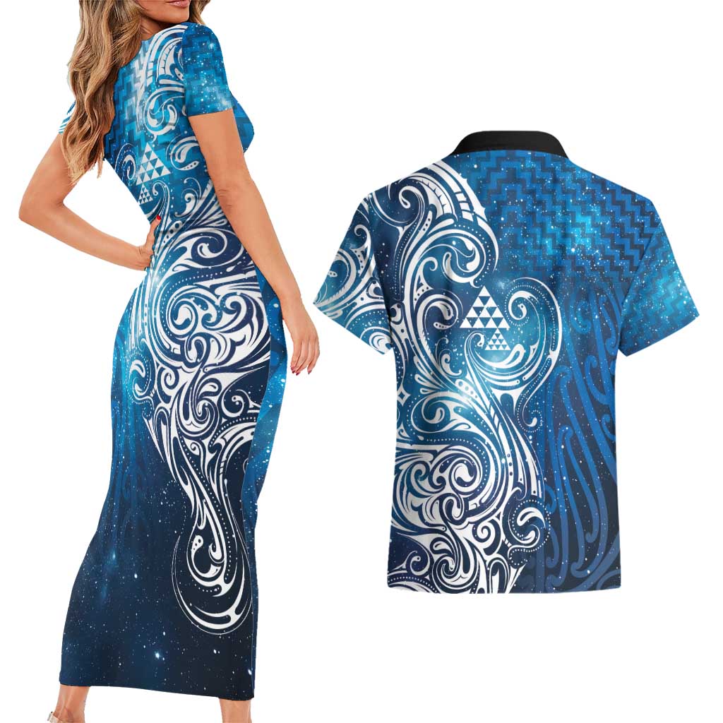 Matariki Galaxy Couples Matching Short Sleeve Bodycon Dress and Hawaiian Shirt Maori Taniko Pattern