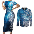 Matariki Galaxy Couples Matching Short Sleeve Bodycon Dress and Long Sleeve Button Shirt Maori Taniko Pattern