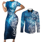Matariki Galaxy Couples Matching Short Sleeve Bodycon Dress and Long Sleeve Button Shirt Maori Taniko Pattern