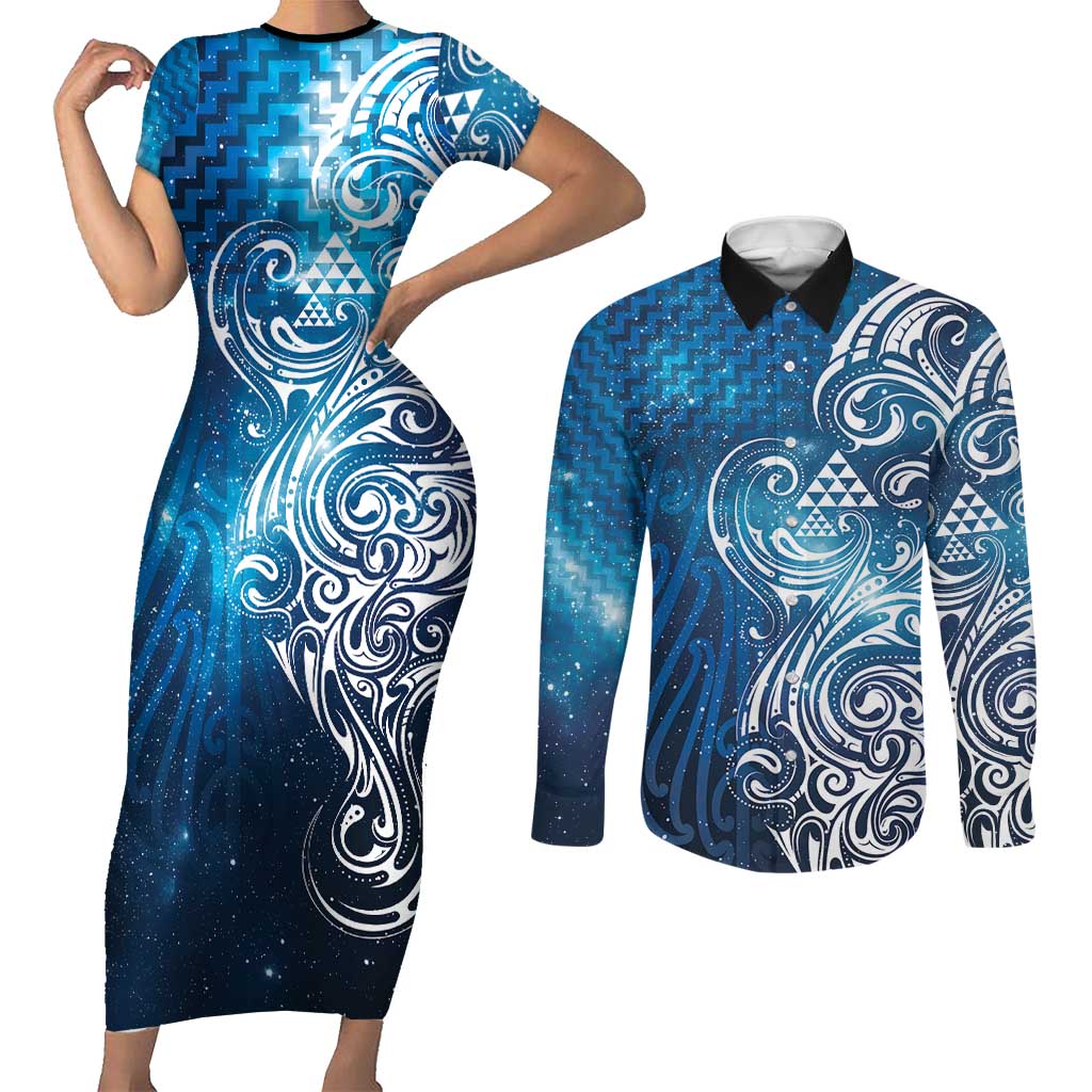 Matariki Galaxy Couples Matching Short Sleeve Bodycon Dress and Long Sleeve Button Shirt Maori Taniko Pattern
