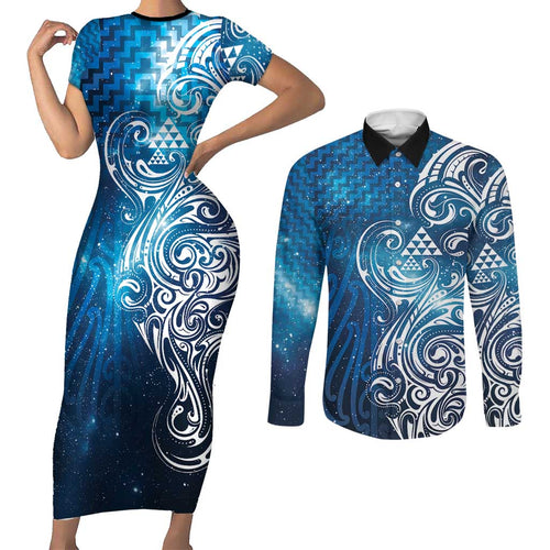 Matariki Galaxy Couples Matching Short Sleeve Bodycon Dress and Long Sleeve Button Shirt Maori Taniko Pattern