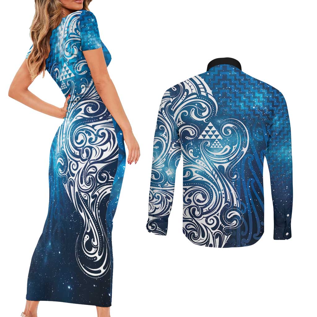 Matariki Galaxy Couples Matching Short Sleeve Bodycon Dress and Long Sleeve Button Shirt Maori Taniko Pattern