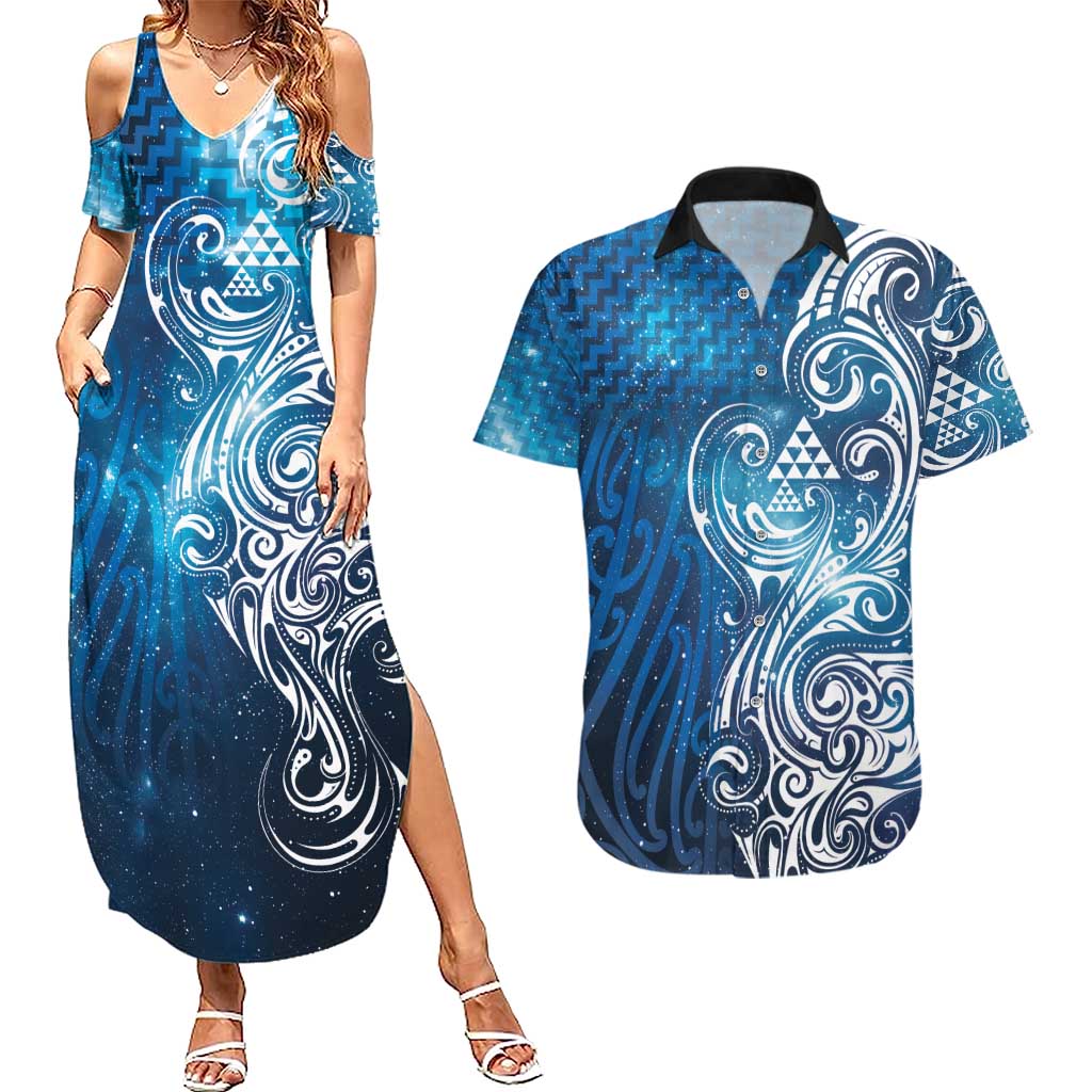 Matariki Galaxy Couples Matching Summer Maxi Dress and Hawaiian Shirt Maori Taniko Pattern