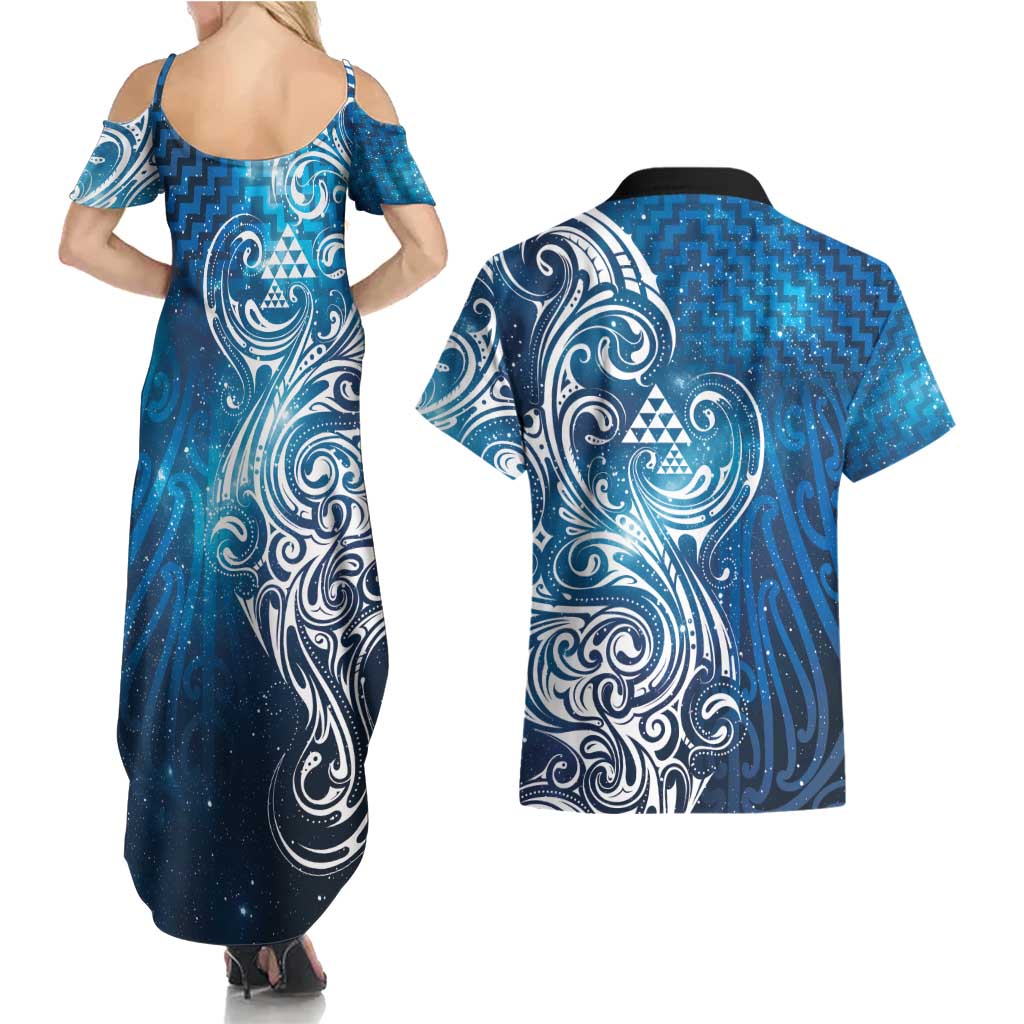 Matariki Galaxy Couples Matching Summer Maxi Dress and Hawaiian Shirt Maori Taniko Pattern