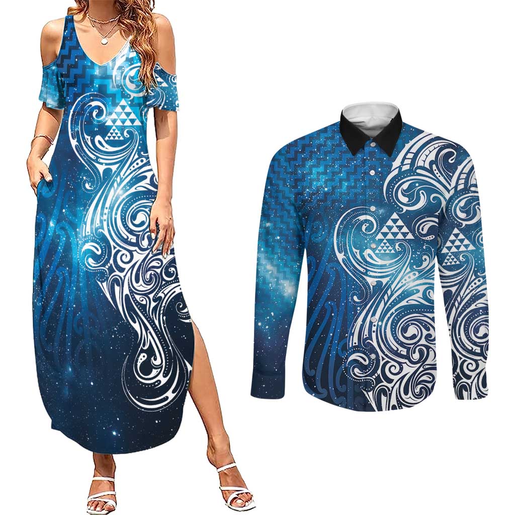 Matariki Galaxy Couples Matching Summer Maxi Dress and Long Sleeve Button Shirt Maori Taniko Pattern