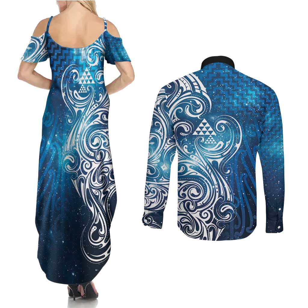 Matariki Galaxy Couples Matching Summer Maxi Dress and Long Sleeve Button Shirt Maori Taniko Pattern