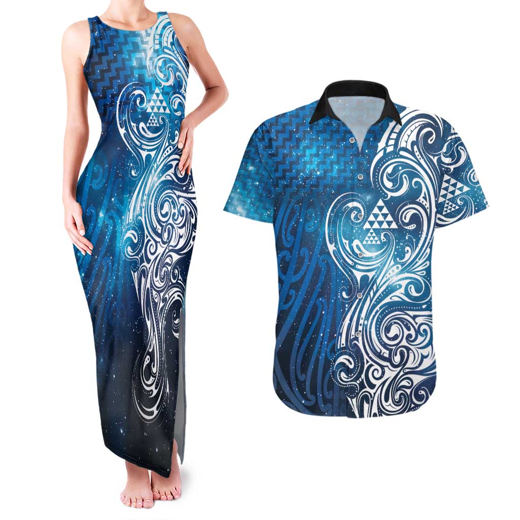 Matariki Galaxy Couples Matching Tank Maxi Dress and Hawaiian Shirt Maori Taniko Pattern