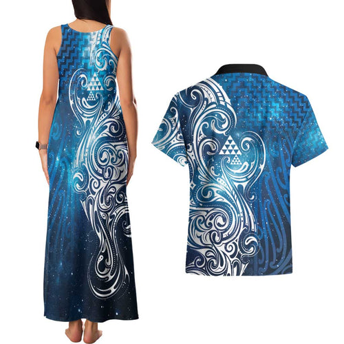 Matariki Galaxy Couples Matching Tank Maxi Dress and Hawaiian Shirt Maori Taniko Pattern