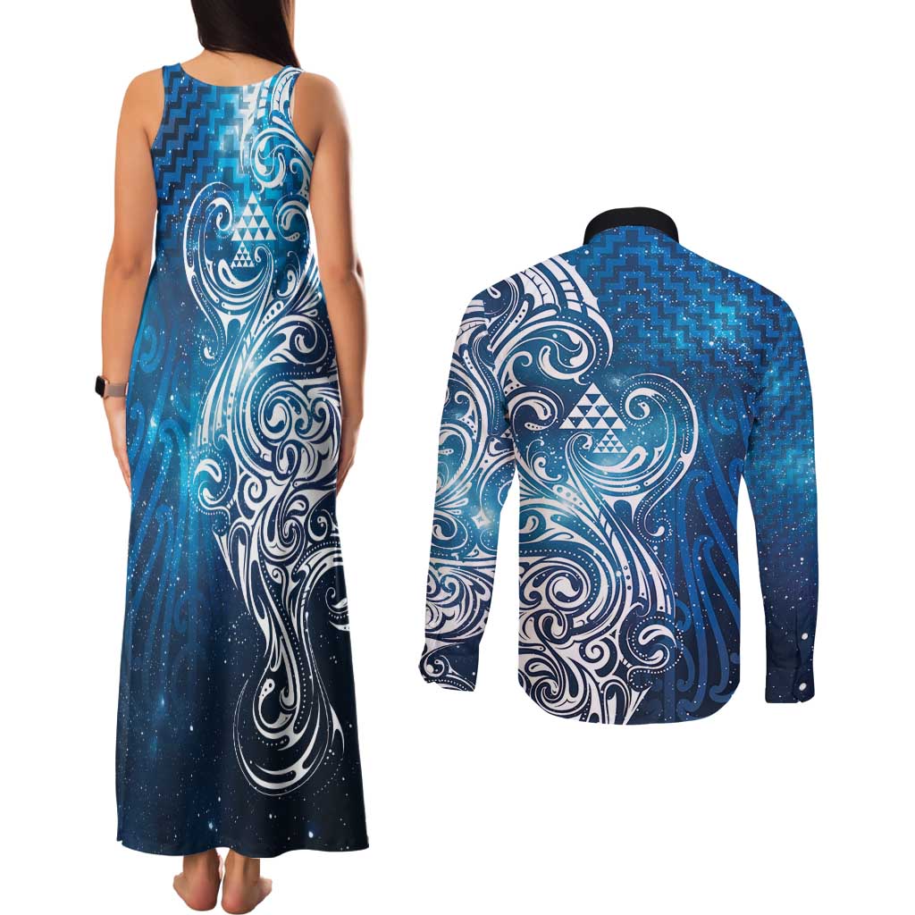 Matariki Galaxy Couples Matching Tank Maxi Dress and Long Sleeve Button Shirt Maori Taniko Pattern