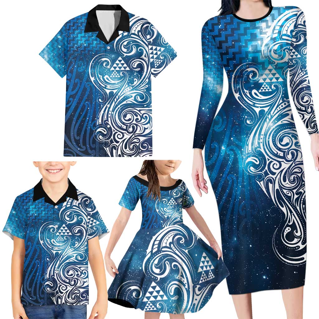 Matariki Galaxy Family Matching Long Sleeve Bodycon Dress and Hawaiian Shirt Maori Taniko Pattern
