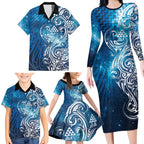 Matariki Galaxy Family Matching Long Sleeve Bodycon Dress and Hawaiian Shirt Maori Taniko Pattern