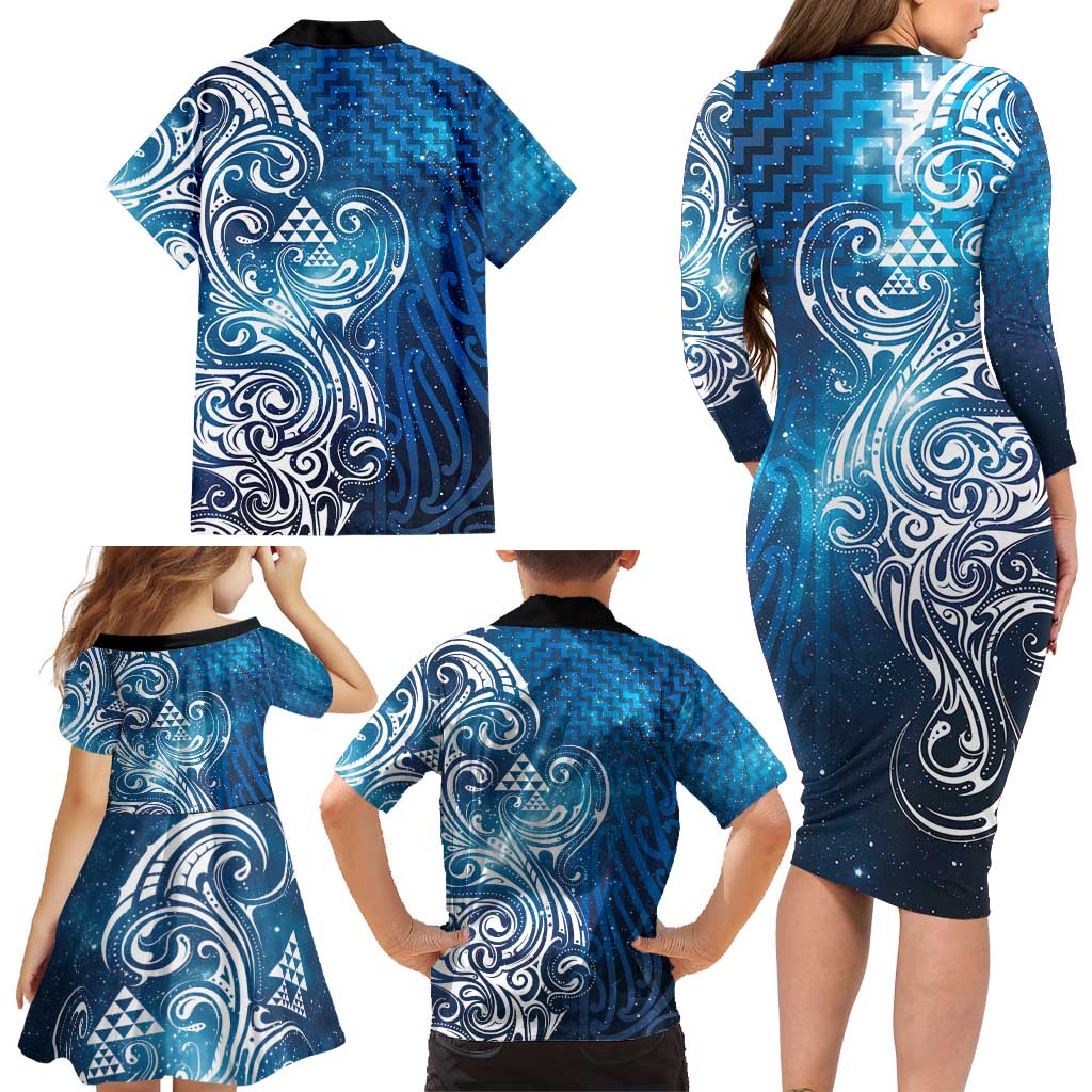 Matariki Galaxy Family Matching Long Sleeve Bodycon Dress and Hawaiian Shirt Maori Taniko Pattern