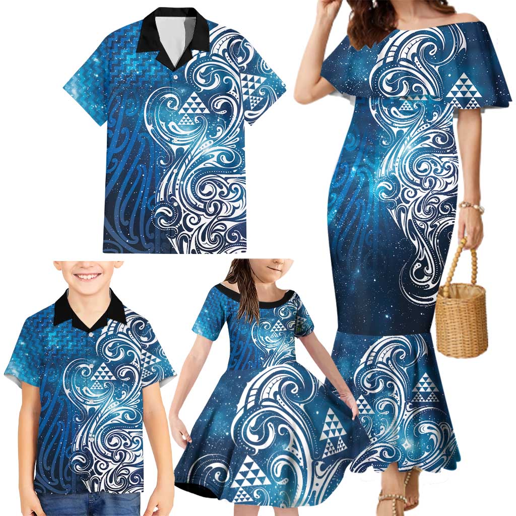 Matariki Galaxy Family Matching Mermaid Dress and Hawaiian Shirt Maori Taniko Pattern