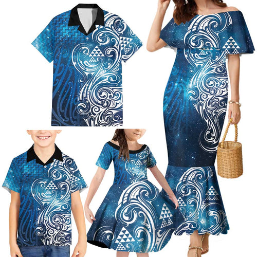 Matariki Galaxy Family Matching Mermaid Dress and Hawaiian Shirt Maori Taniko Pattern