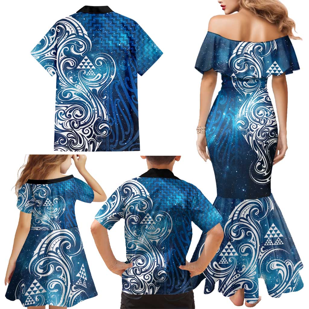 Matariki Galaxy Family Matching Mermaid Dress and Hawaiian Shirt Maori Taniko Pattern