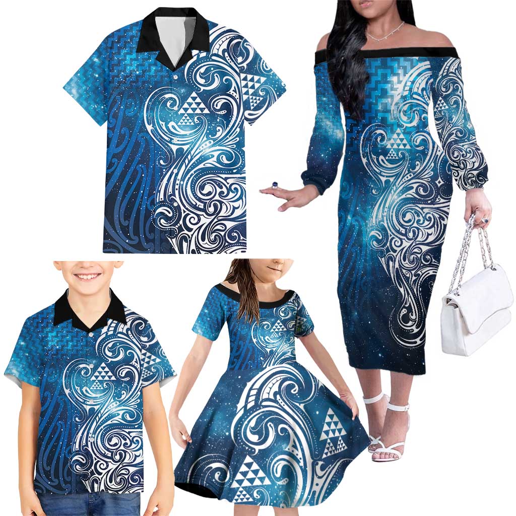 Matariki Galaxy Family Matching Off The Shoulder Long Sleeve Dress and Hawaiian Shirt Maori Taniko Pattern