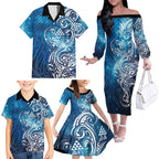 Matariki Galaxy Family Matching Off The Shoulder Long Sleeve Dress and Hawaiian Shirt Maori Taniko Pattern