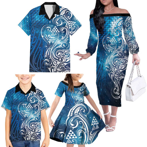 Matariki Galaxy Family Matching Off The Shoulder Long Sleeve Dress and Hawaiian Shirt Maori Taniko Pattern