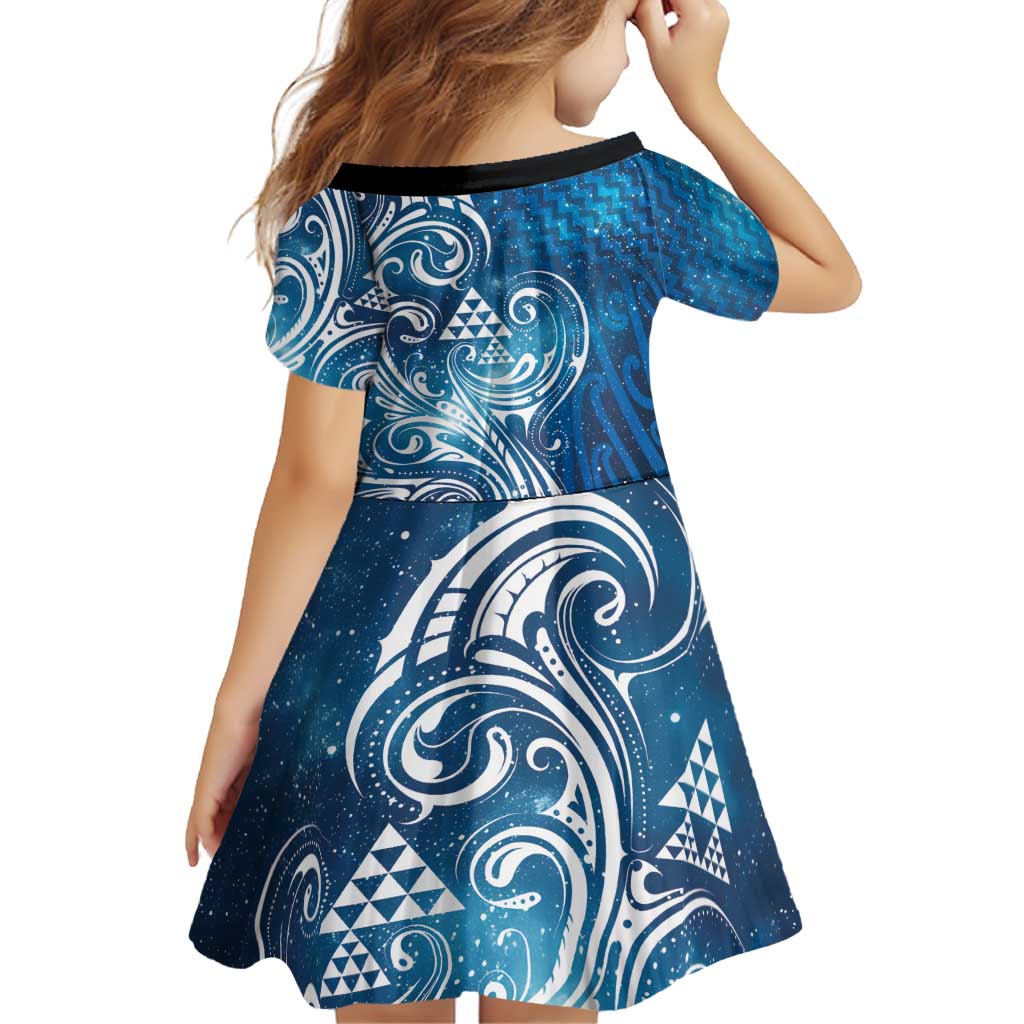 Matariki Galaxy Family Matching Off The Shoulder Long Sleeve Dress and Hawaiian Shirt Maori Taniko Pattern