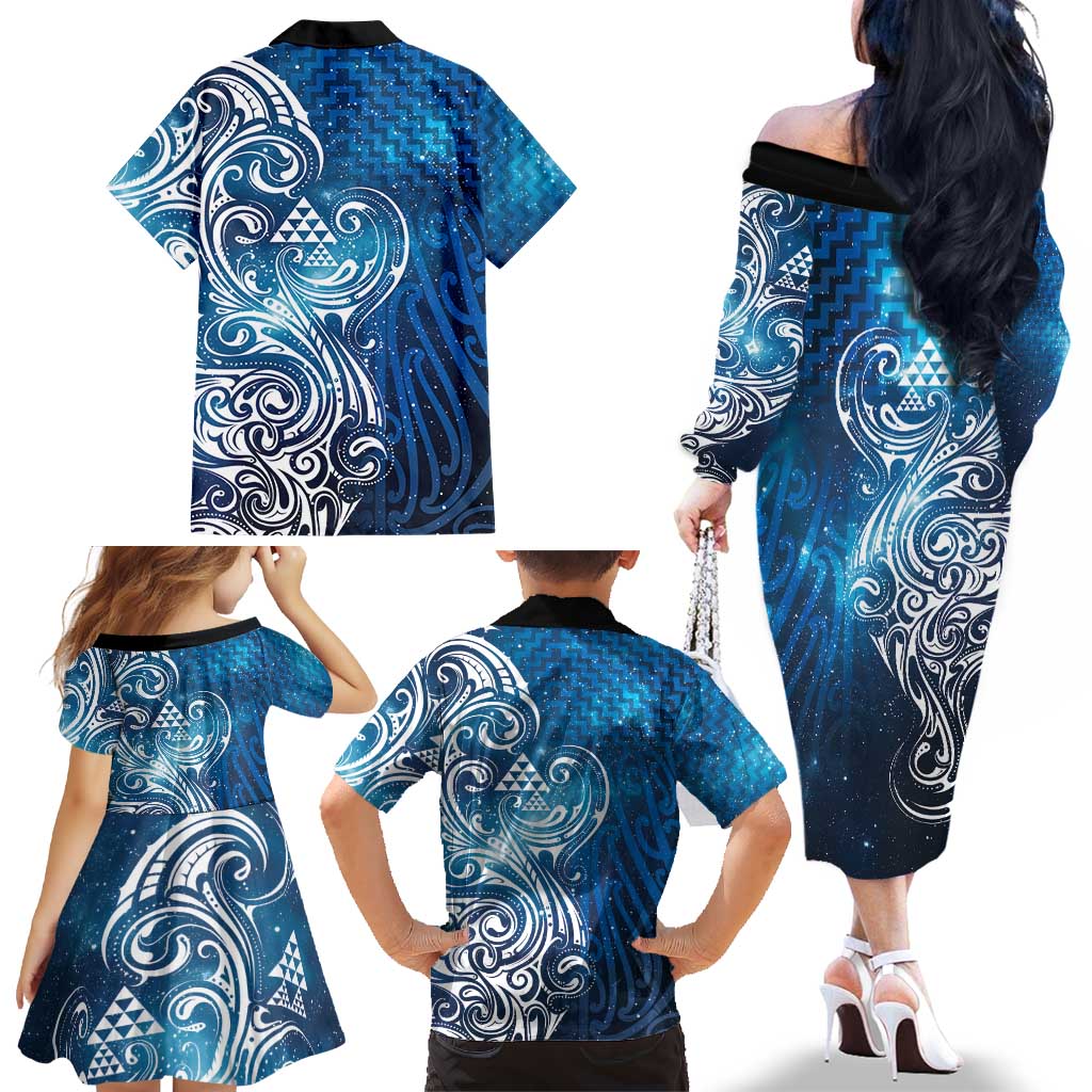 Matariki Galaxy Family Matching Off The Shoulder Long Sleeve Dress and Hawaiian Shirt Maori Taniko Pattern
