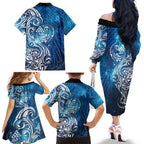 Matariki Galaxy Family Matching Off The Shoulder Long Sleeve Dress and Hawaiian Shirt Maori Taniko Pattern