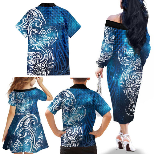 Matariki Galaxy Family Matching Off The Shoulder Long Sleeve Dress and Hawaiian Shirt Maori Taniko Pattern